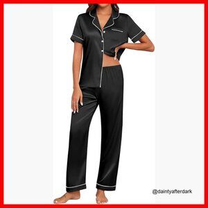 Silk Satin Pajama Set Short Sleeve V-Neck Button Down Top Loose Pants
